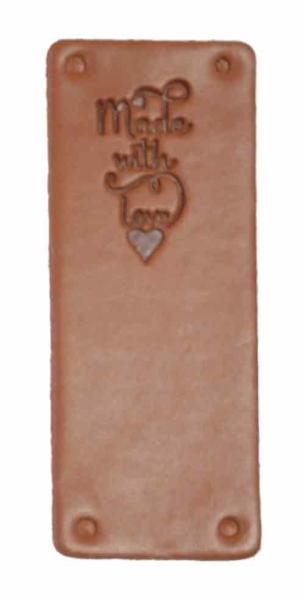 Leder Applikation Made with Love Braun   Höhe 5cm Breite 3cm